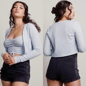 Pretty Garbage Sky Blue Floral Cropped Lightweight Cardigan